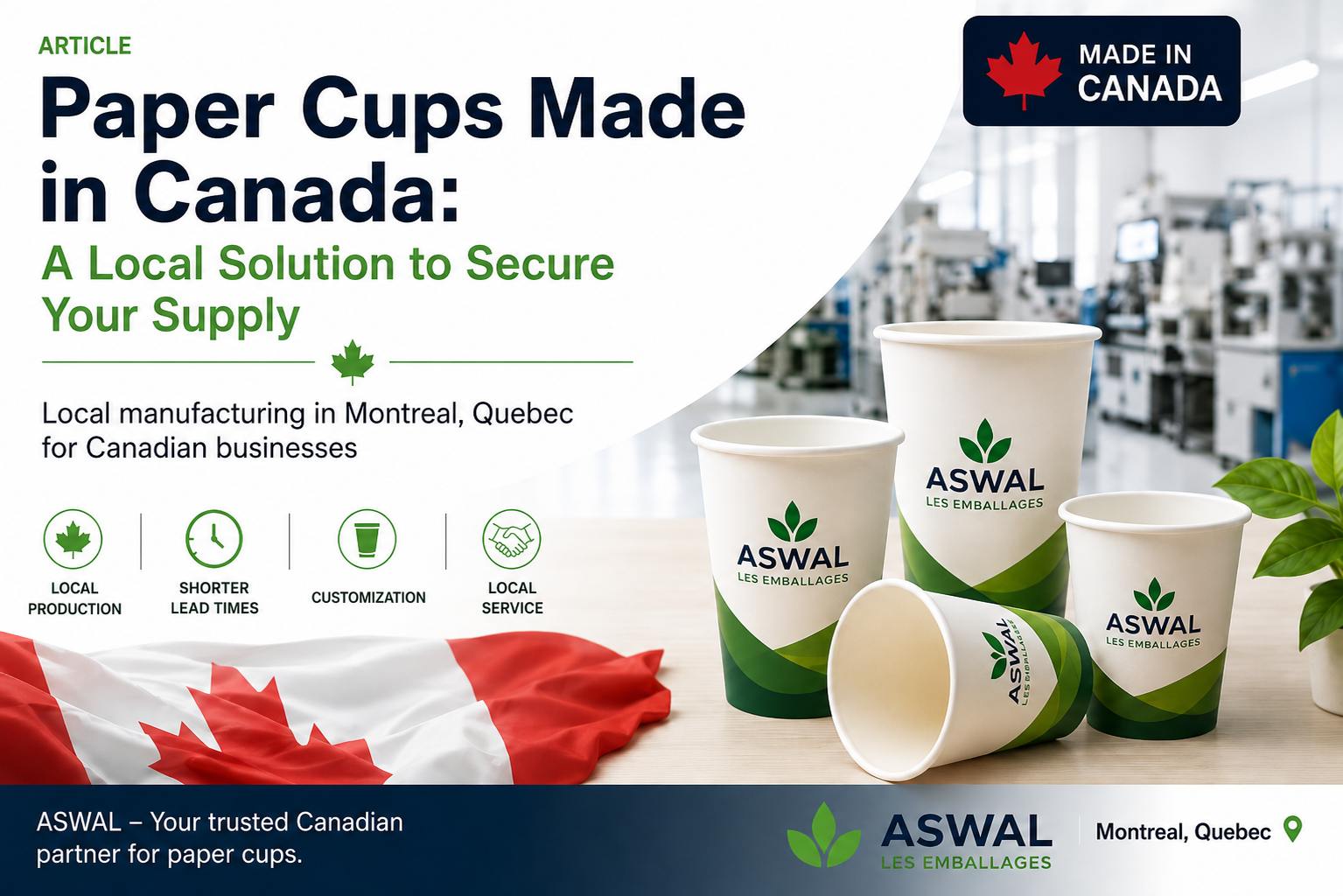 Gobelets en papier fabriqués au Canada par Les Emballages ASWAL à Montréal, Québ