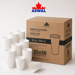 Gobelets en papier blancs ASWAL avec leur carton de conditionnement